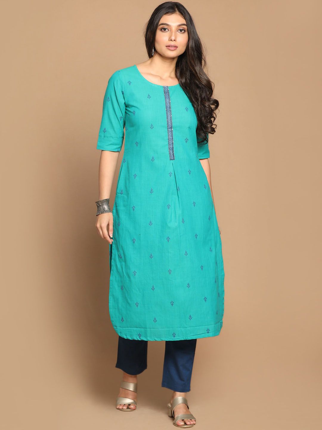 Earthwear Women Turquoise Dobby Straight Kurta with Hand Embroidery Detail on Placket Price in India