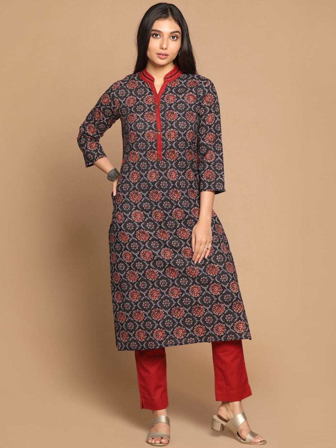 Earthwear Women Maroon & Black Ajrakh Printed Straight Kurta with Hand Embroidered Price in India