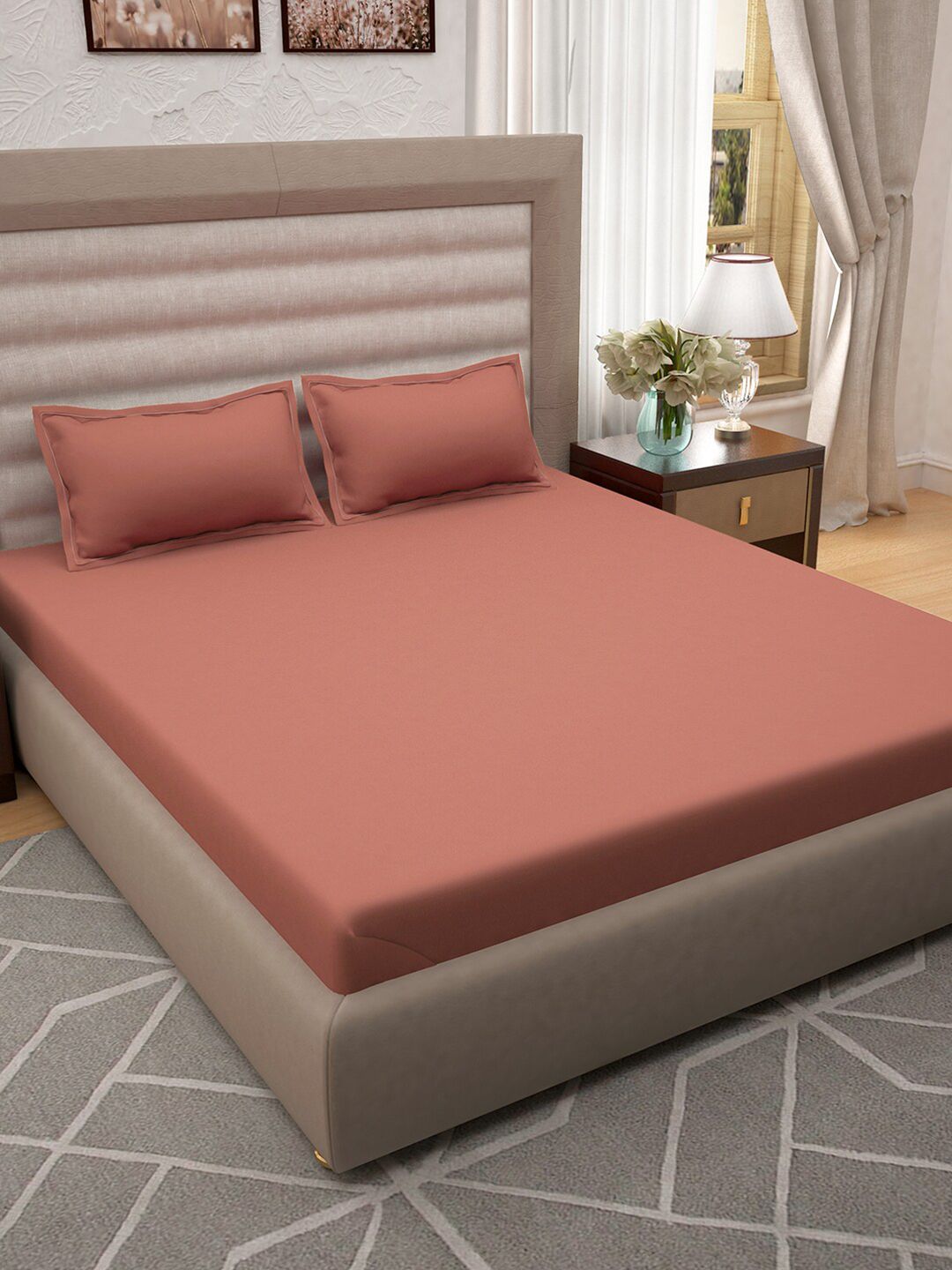 Story@home Peach-Coloured 400 TC 100% Cotton King Bedsheet with 2 Pillow Covers Price in India