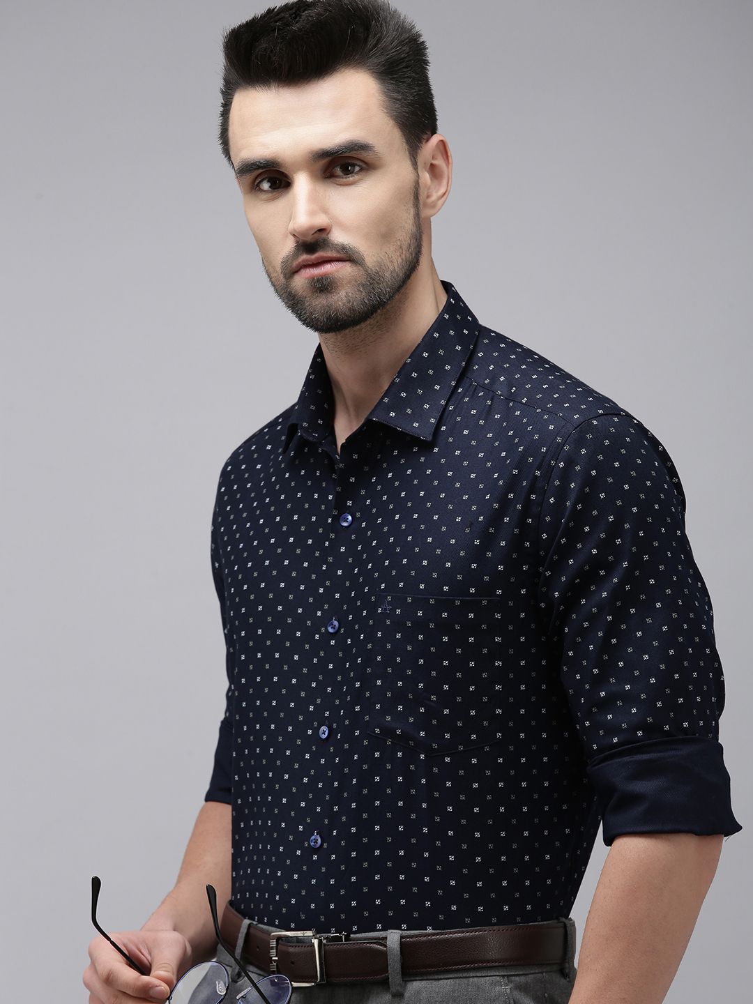 Arrow Men Navy Blue Original Slim Fit Printed Pure Cotton Formal Shirt