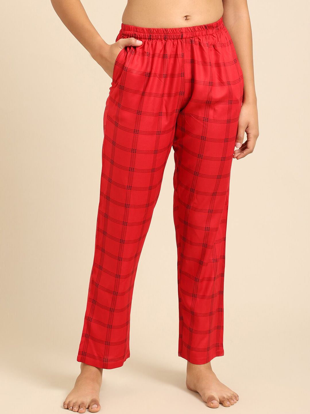 Katn India Women Red & Black Checked Lounge Pants Price in India