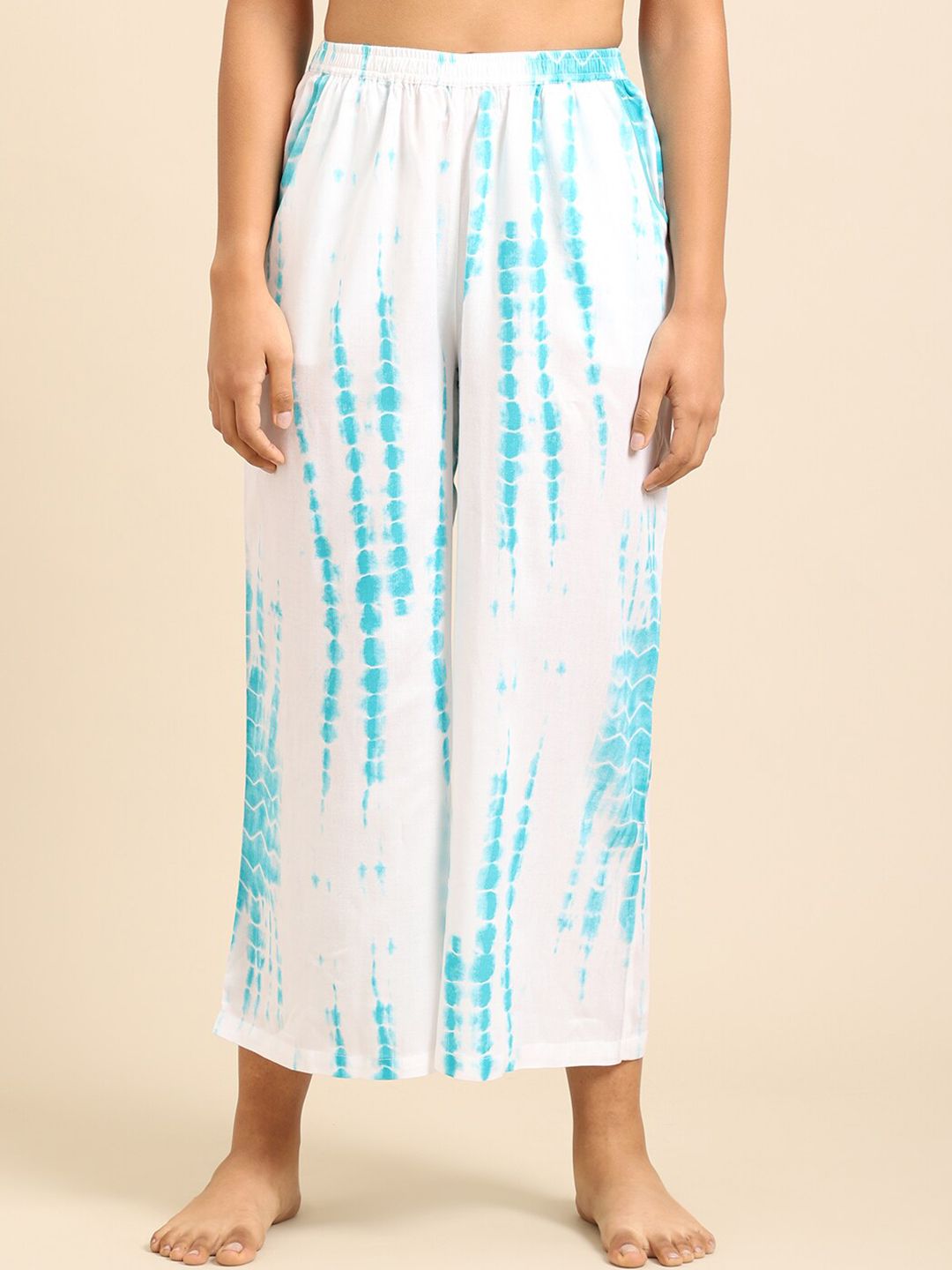 Katn India Women Turquoise Blue & White Tie & Dye Printed Wide Leg Flared Lounge Pants Price in India