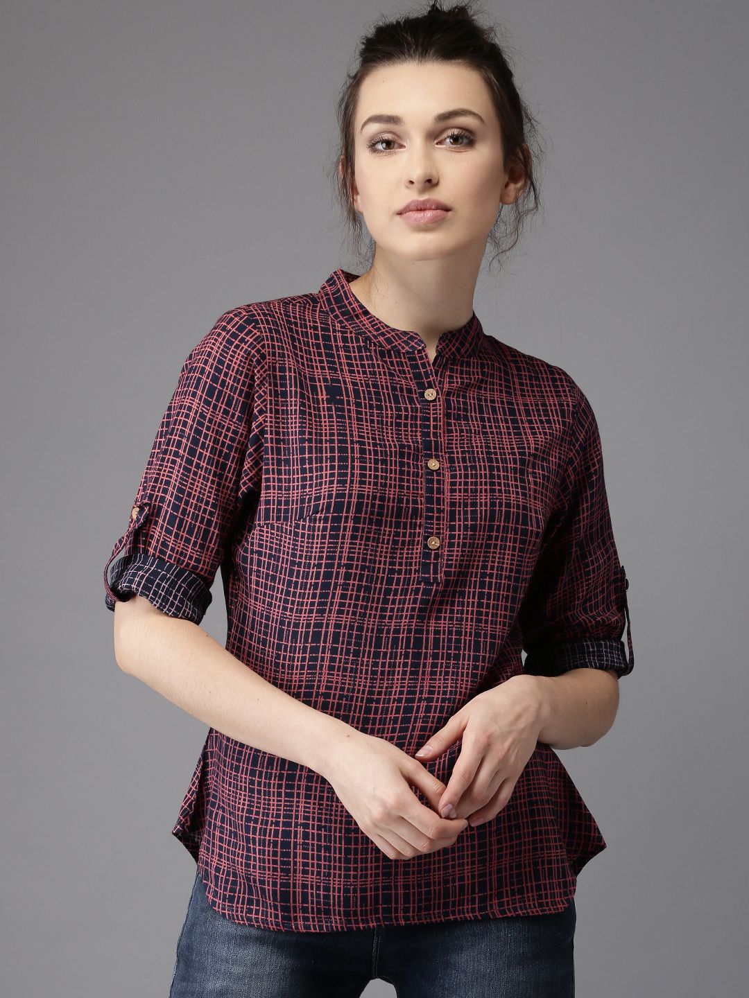 Moda Rapido Women Navy & Red Checked Shirt-Style Top