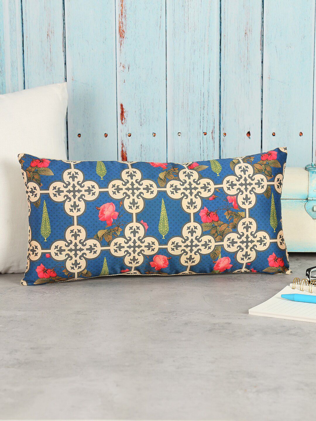 India Circus by Krsnaa Mehta Navy Blue & Pink Ethnic Motifs Rectangle Cushion Covers Price in India