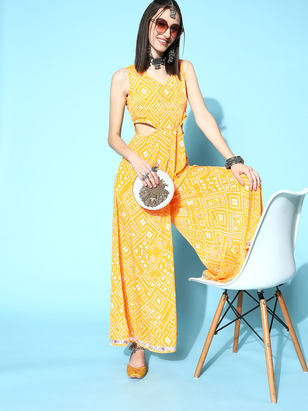 Shae by SASSAFRAS Yellow & White Bandhani Printed Ethnic Jumpsuit Price in India