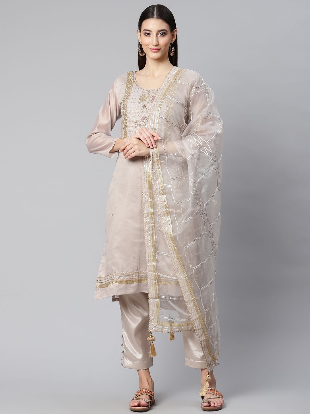 RAJGRANTH Taupe Embroidered Unstitched Dress Material Price in India