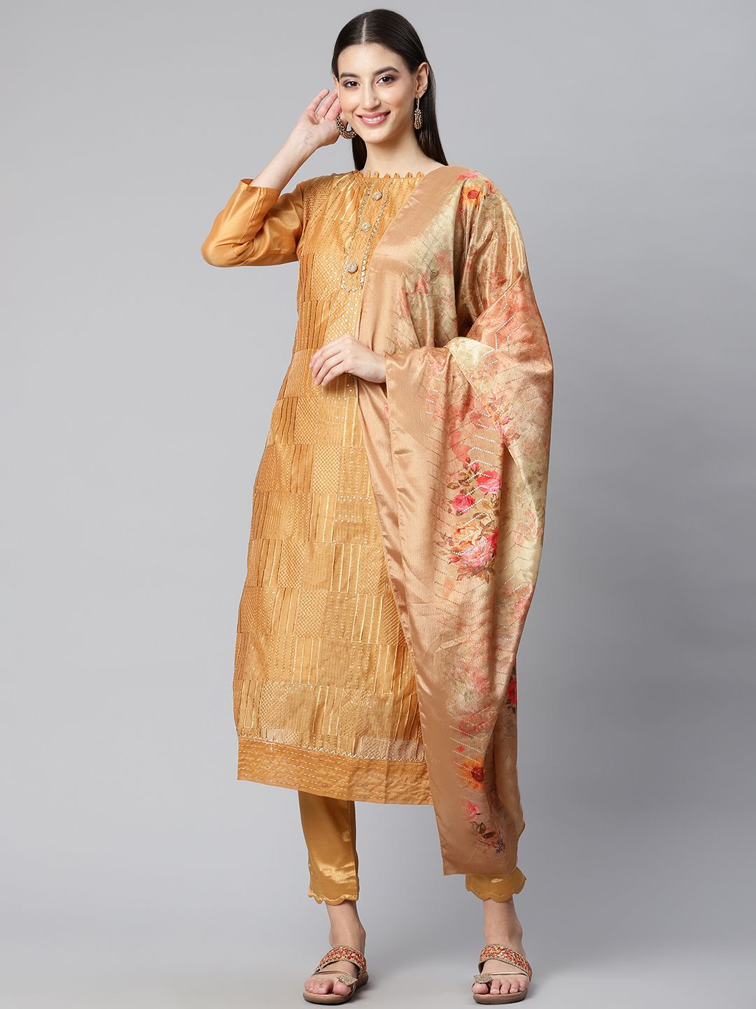 RAJGRANTH Mustard Yellow Embroidered Unstitched Dress Material Price in India