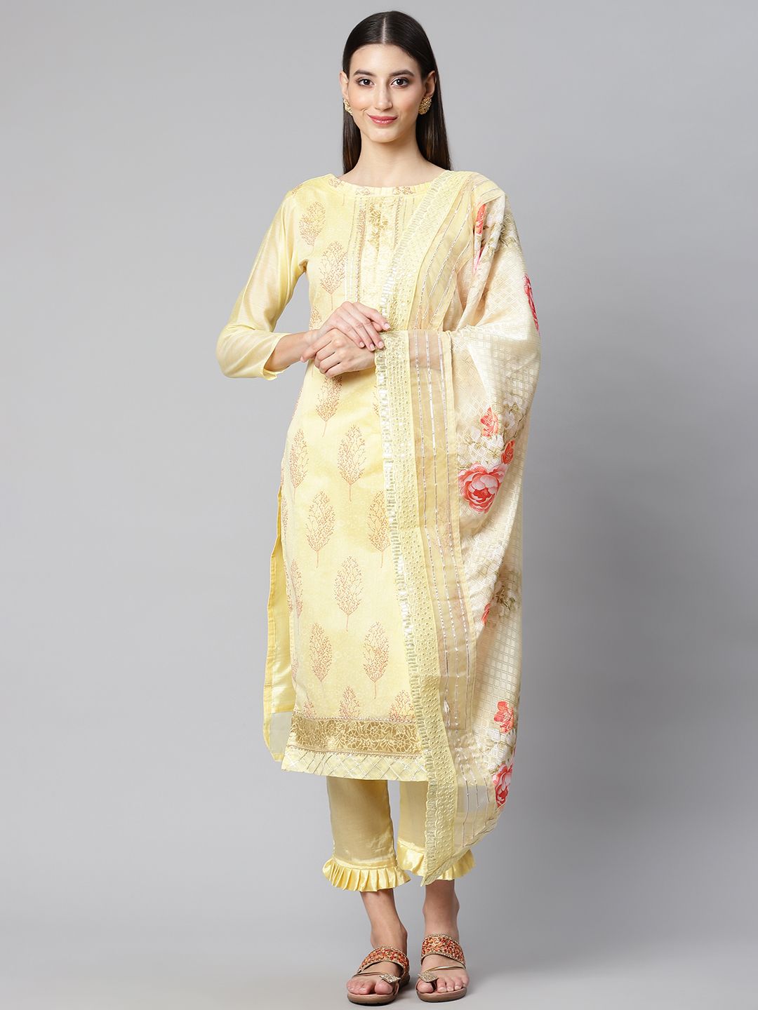 RAJGRANTH Yellow Embroidered Unstitched Dress Material Price in India