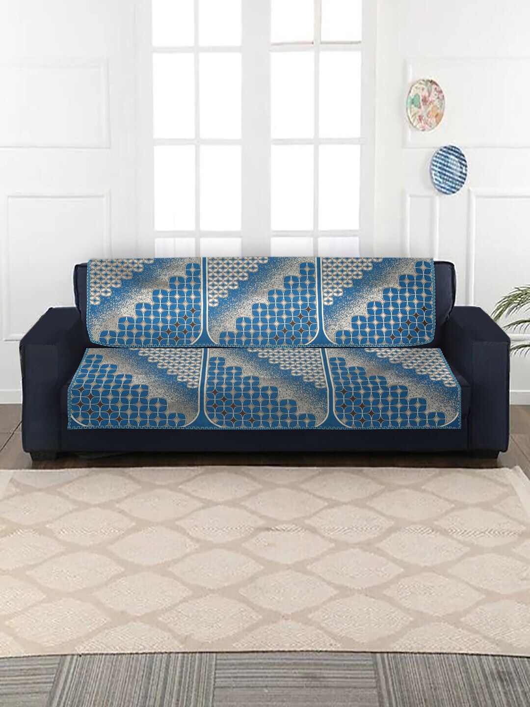 MULTITEX Set of 10 Blue & Beige Geometric Jacquard 5-Seater Sofa Covers Price in India