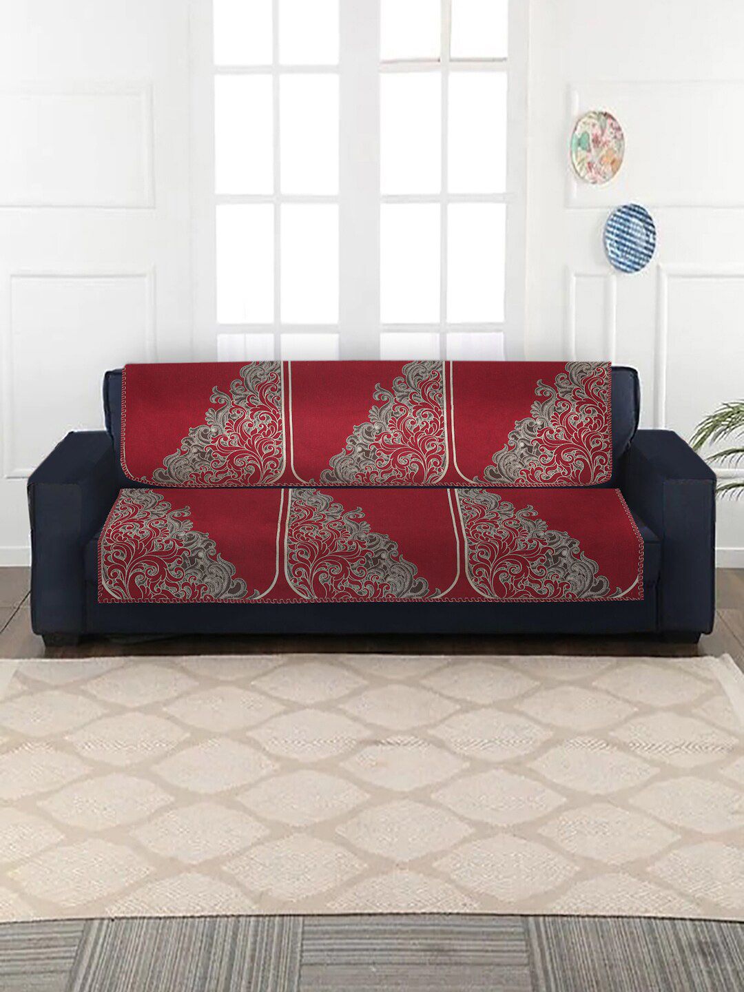 MULTITEX Maroon Printed Jacqyard 5 Seater Sofa Cover Price in India