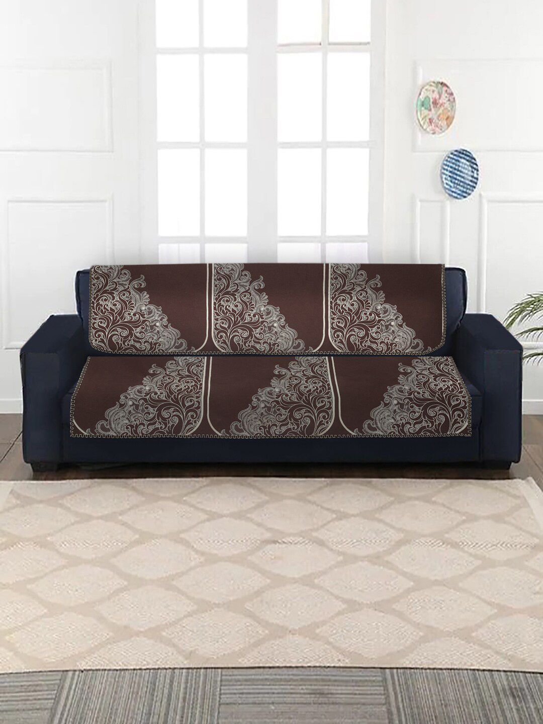 MULTITEX Set of 10 Grey & Brown Jacquard 5 Seater Sofa Covers Price in India