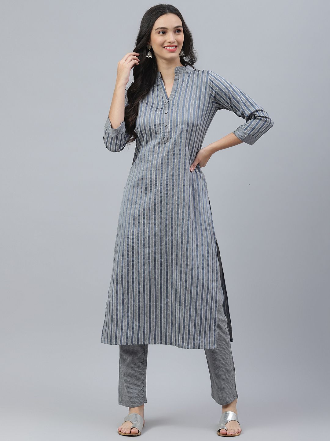 RAJGRANTH Women Grey Striped Kurta with Trousers Price in India