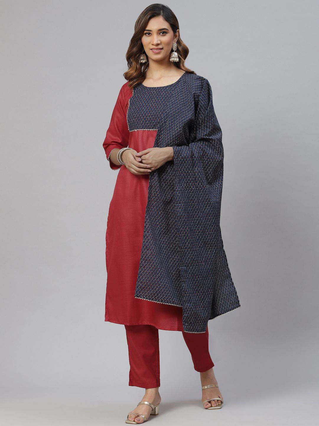 RAJGRANTH Women Navy Blue Ethnic Motifs  Cotton Printed Kurta with Trousers & With Dupatta Price in India