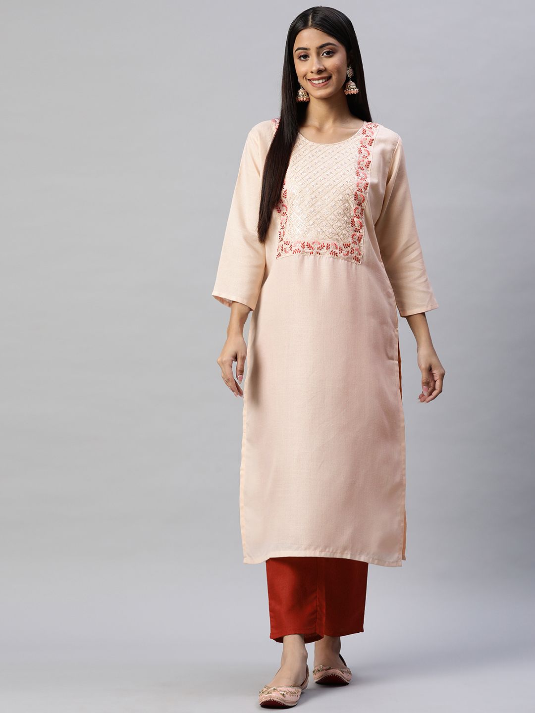 RAJGRANTH Women Pink Ethnic Motifs Yoke Design Sequinned Kurta with Trousers Price in India