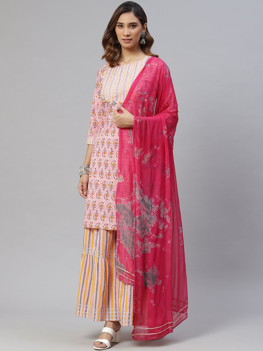 RAJGRANTH Women Pink Printed Kurta with Sharara & With Dupatta Price in India