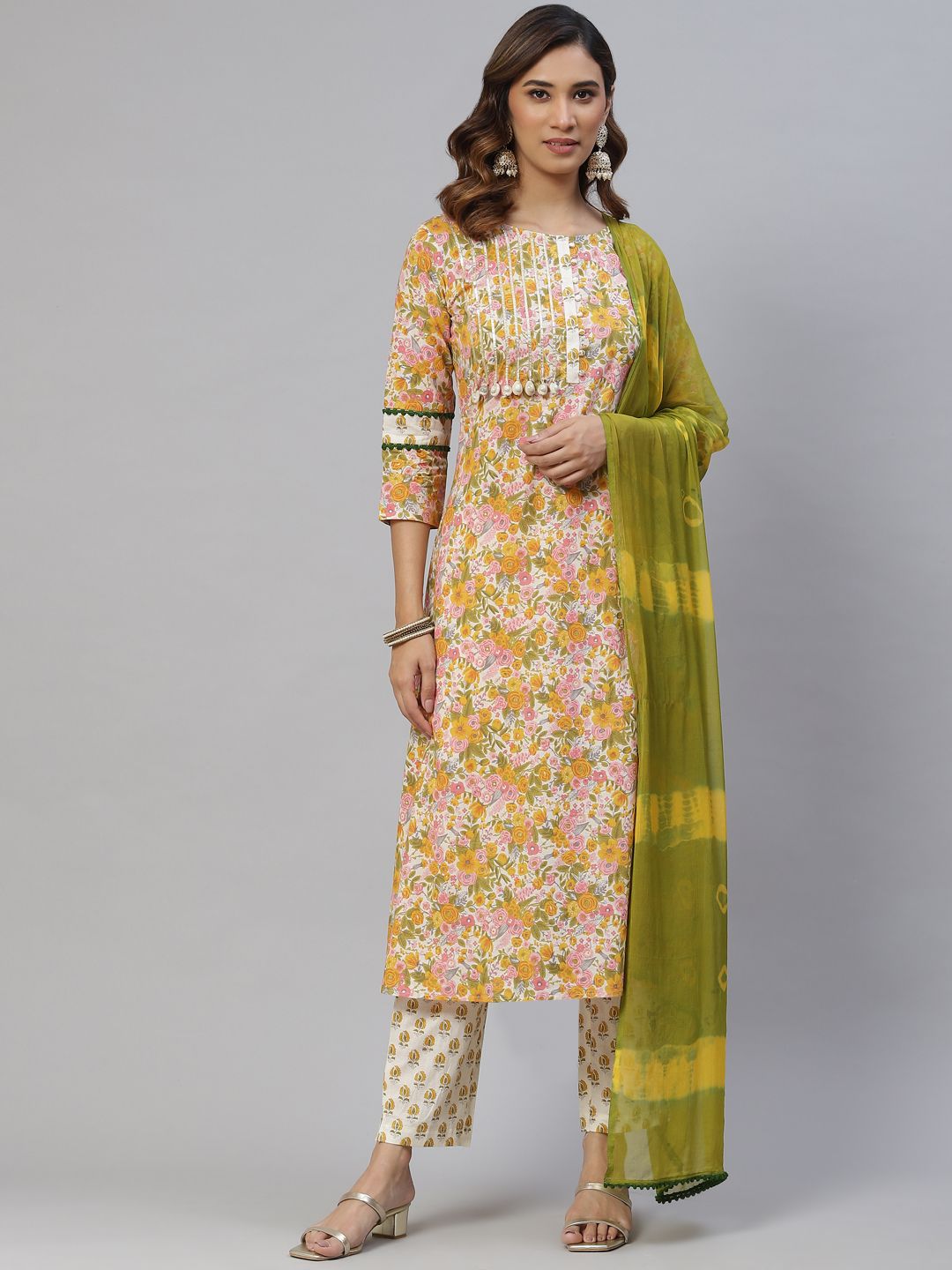 RAJGRANTH Women Yellow Floral Printed Kurta with Trousers & With Dupatta Price in India