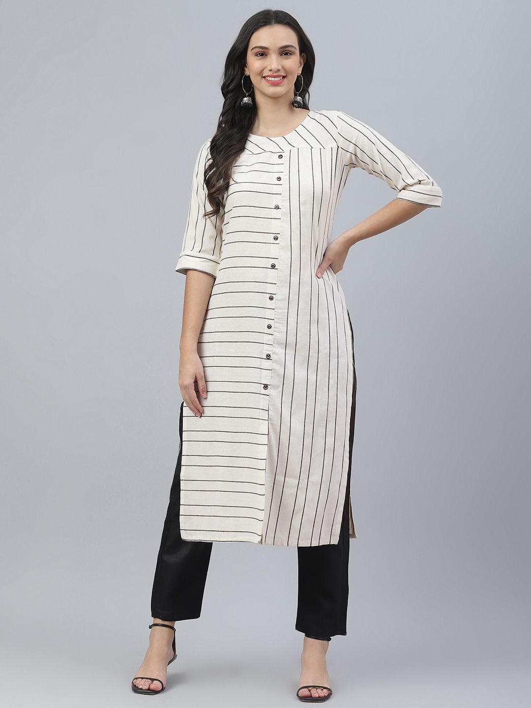 RAJGRANTH Women White & Black Striped Kurta with Trousers Price in India