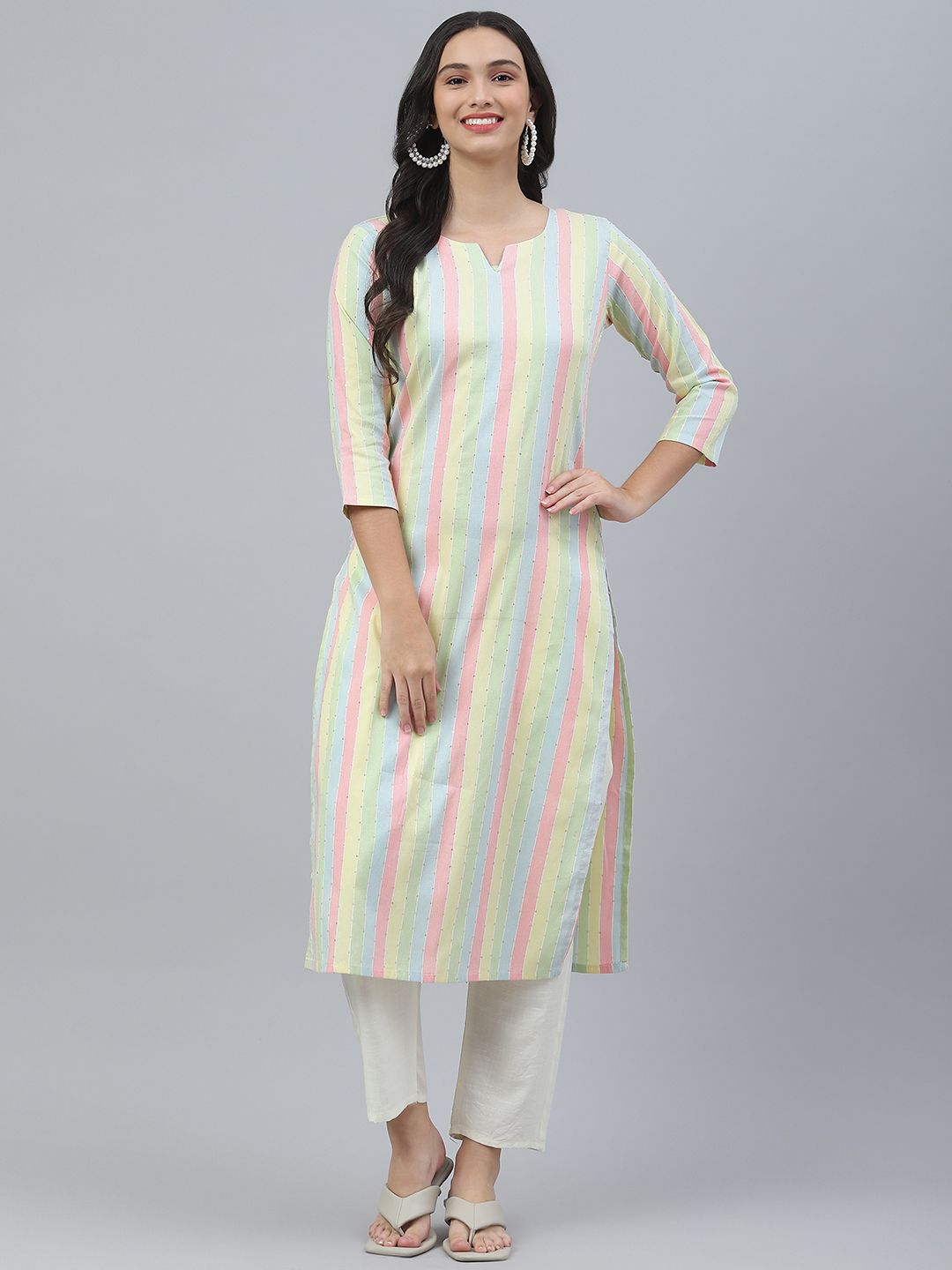 RAJGRANTH Women Multicoloured Striped Sequinned Kurta with Trousers Price in India