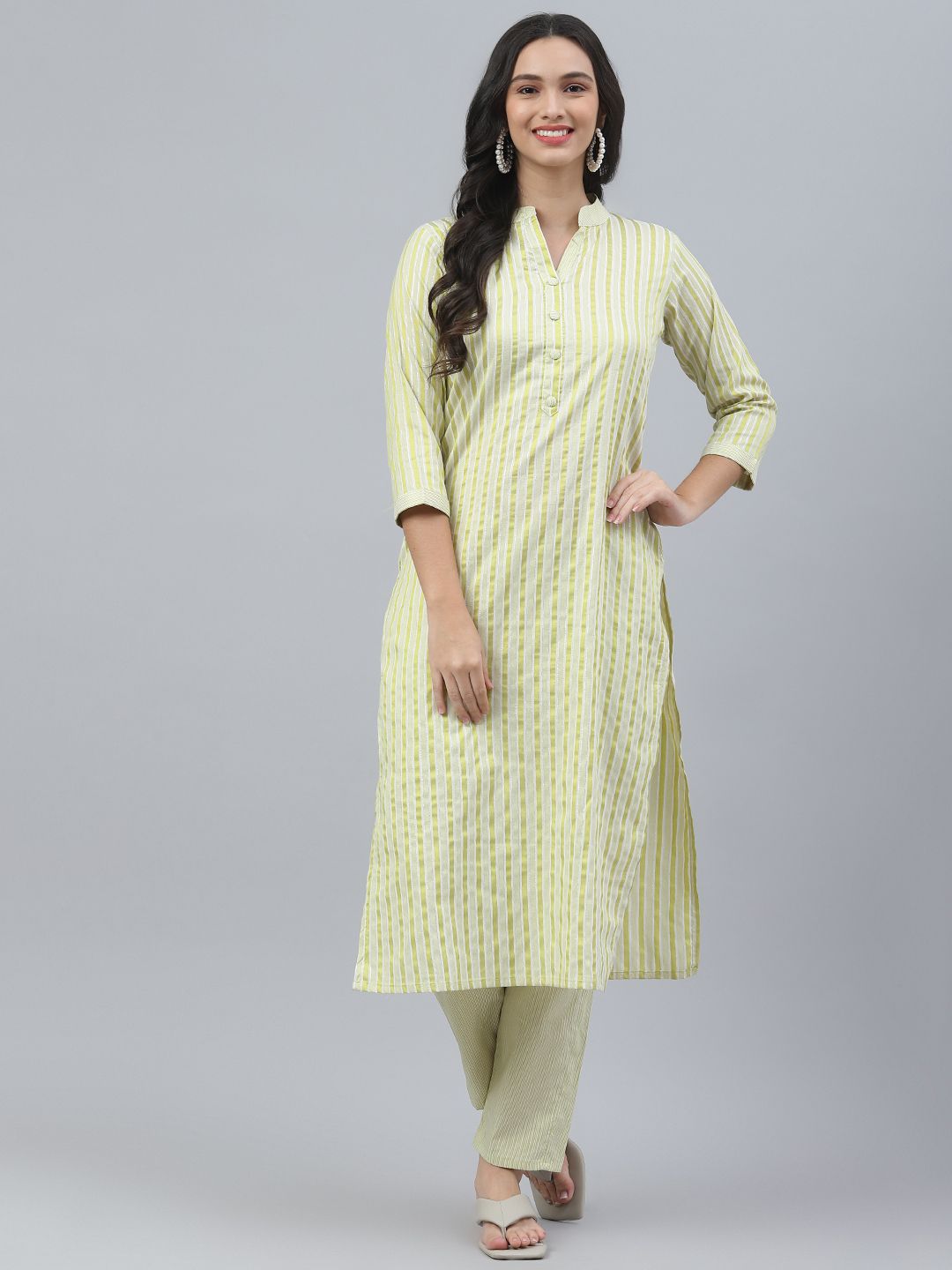 RAJGRANTH Women Lime Green Striped Kurta with Trousers Price in India