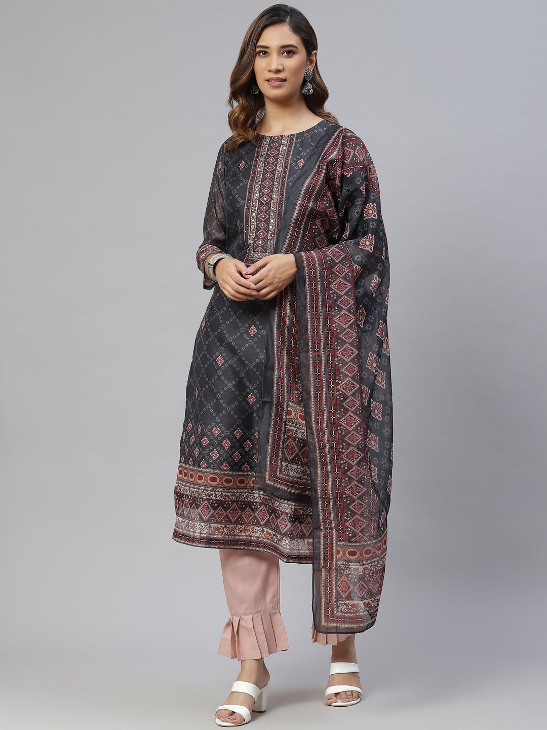 RAJGRANTH Women Grey Sequinned Chanderi Silk Kurta with Trousers & With Dupatta Price in India