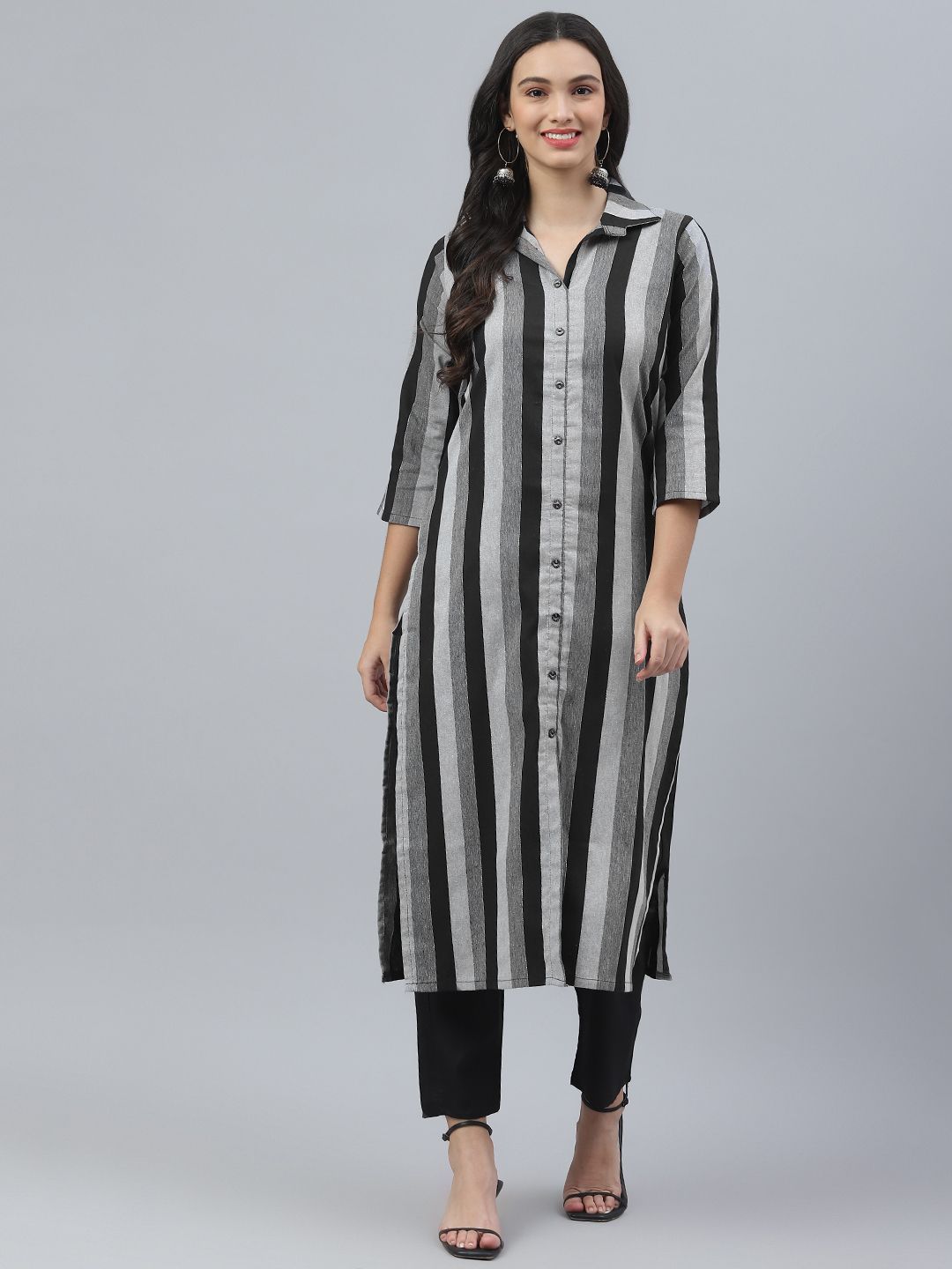 RAJGRANTH Women Black Striped Kurta with Trousers Price in India