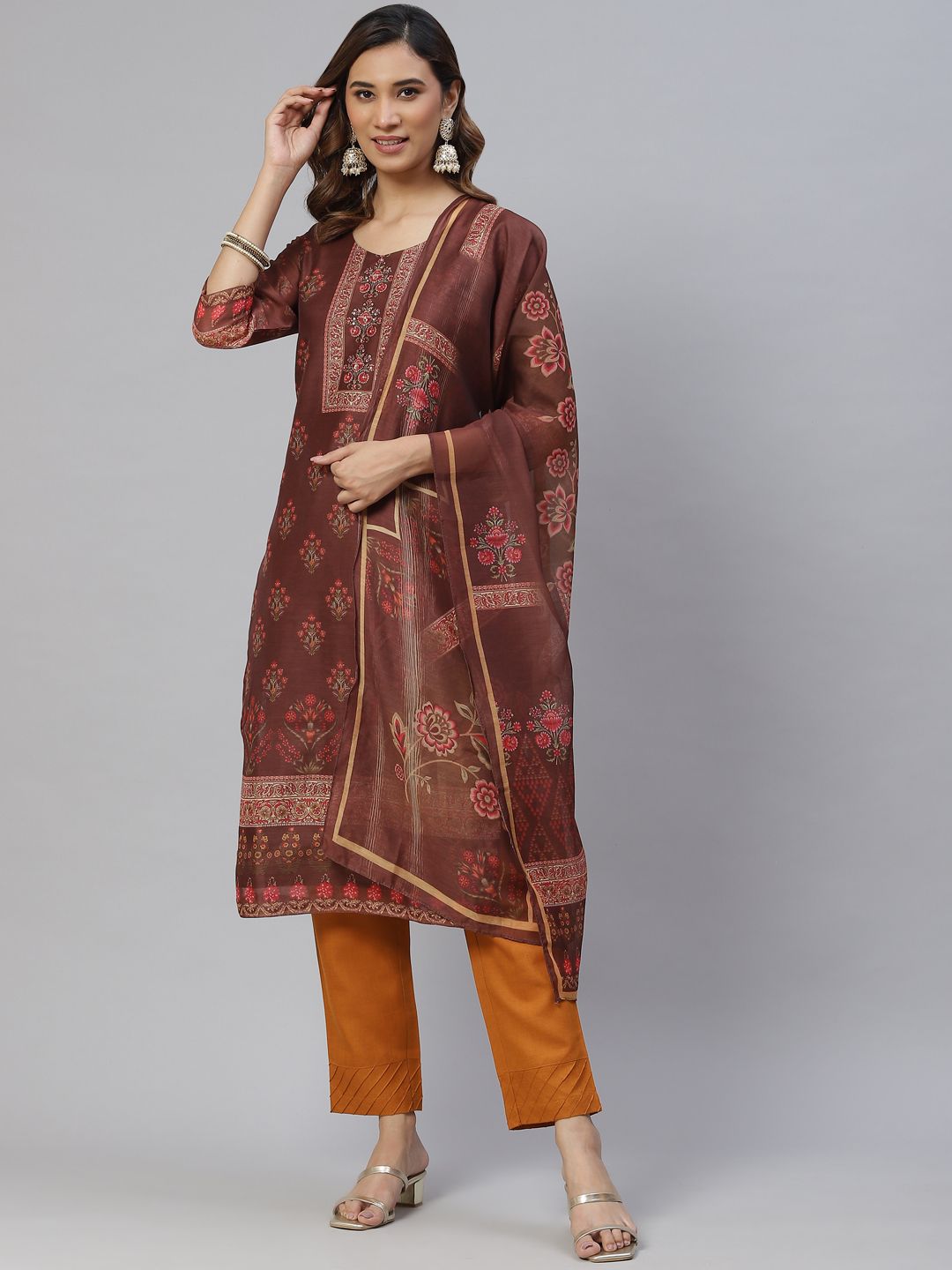 RAJGRANTH Women Brown Floral Printed Sequinned Chanderi Silk Kurta with Trousers & With Dupatta Price in India