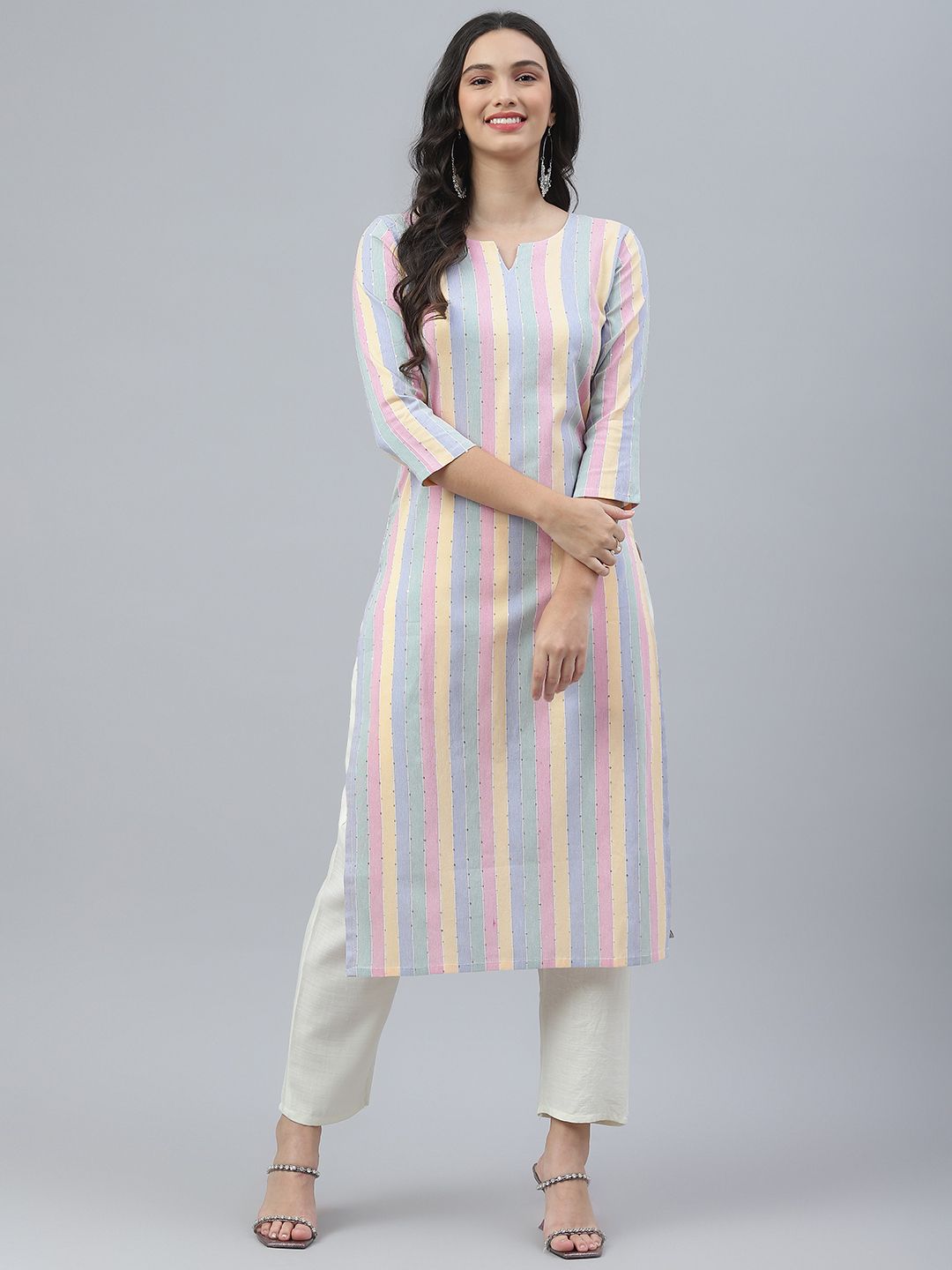 RAJGRANTH Women Multicoloured Striped Sequinned Kurta with Trousers Price in India