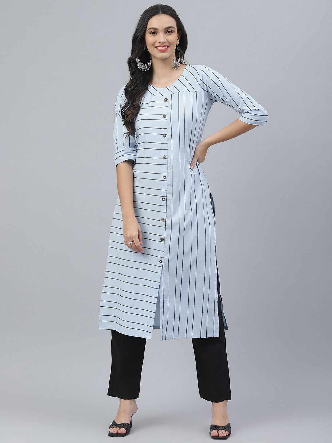 RAJGRANTH Women Blue & Black Striped Kurta with Trousers Price in India