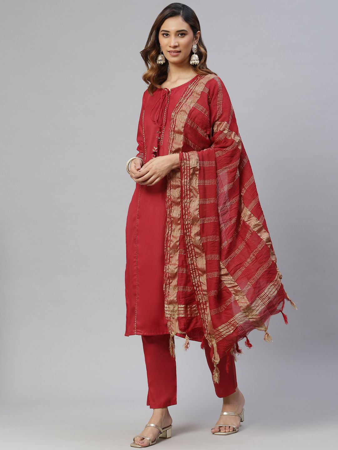 RAJGRANTH Women Red Kurta with Trousers & With Dupatta Price in India