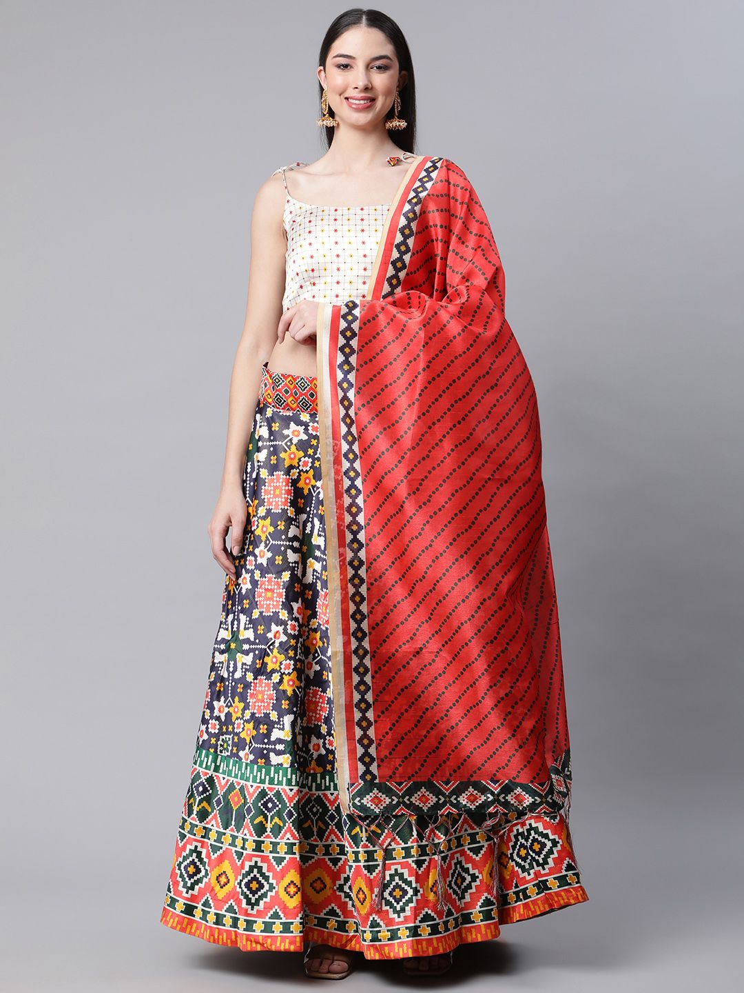 SHUBHVASTRA Multicoloured & White Printed Unstitched Lehenga & Blouse With Dupatta Price in India