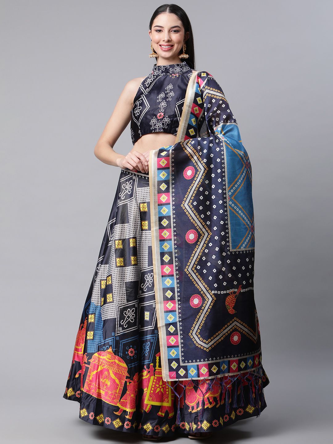 SHUBHVASTRA Navy Blue & White Printed Unstitched Lehenga & Blouse With Dupatta Price in India