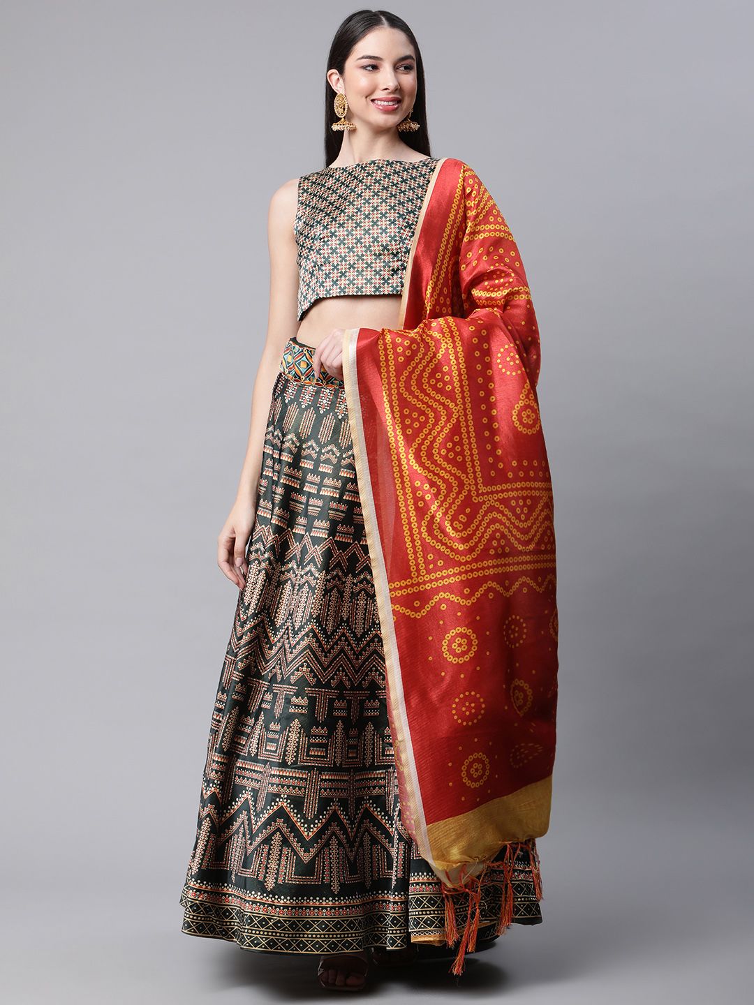 SHUBHVASTRA Olive Green & Red Printed Unstitched Lehenga & Blouse With Dupatta Price in India