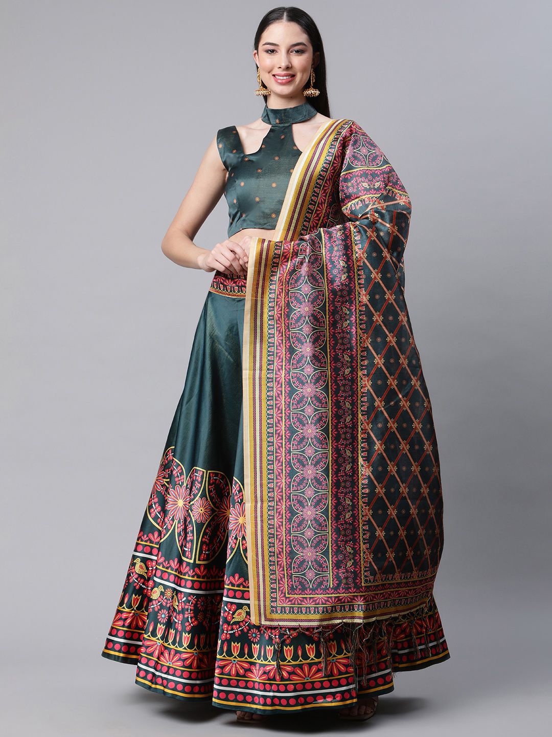 SHUBHVASTRA Green & Red Printed Unstitched Lehenga & Blouse With Dupatta Price in India