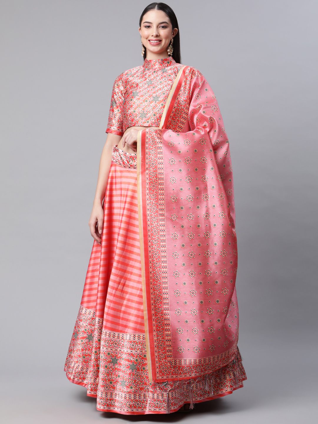 SHUBHVASTRA Pink Printed Unstitched Lehenga & Blouse With Dupatta Price in India