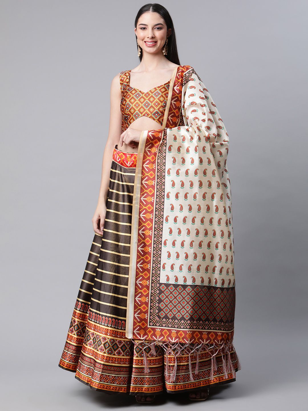 SHUBHVASTRA Black & Gold-Toned Printed Unstitched Lehenga & Blouse With Dupatta Price in India