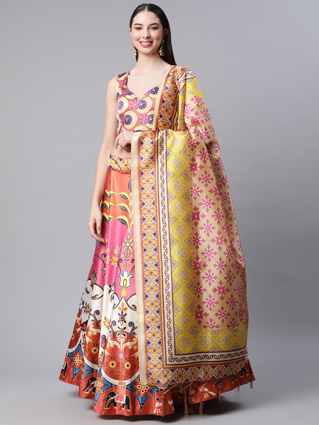 SHUBHVASTRA Multicoloured Printed Unstitched Lehenga & Blouse With Dupatta Price in India