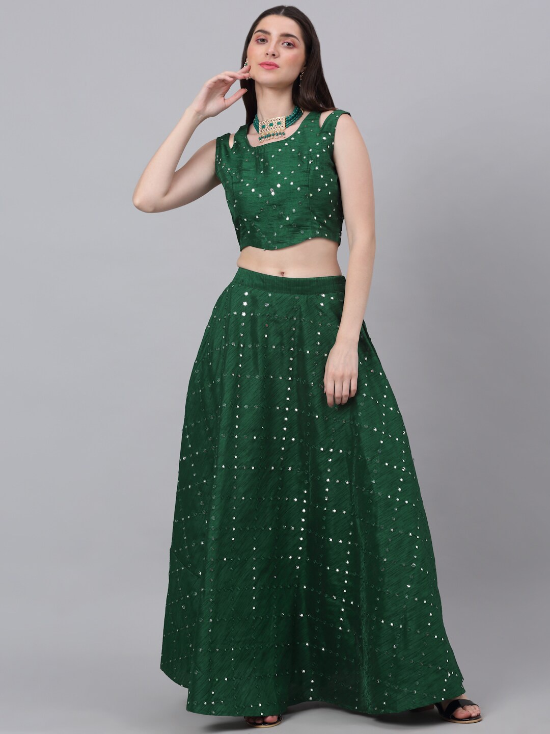 NEUDIS Women Green Embellieshed Dupion Silk Flared Lehenga Skirt With Top Price in India