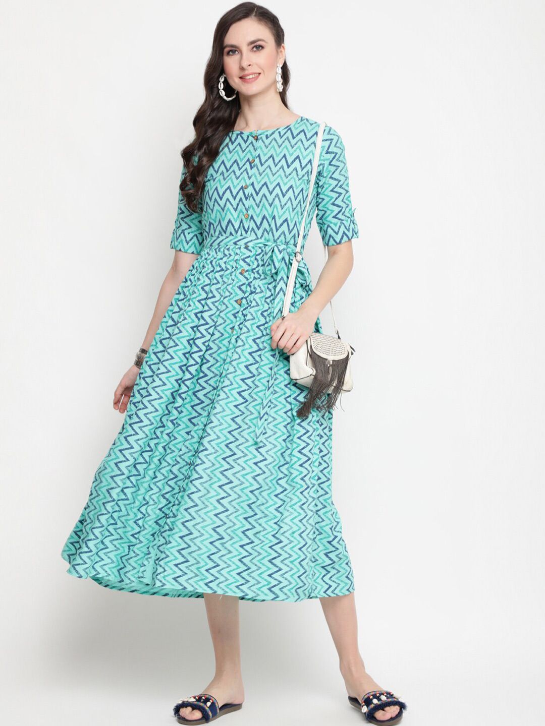 GULMOHAR JAIPUR Blue Ethnic A-Line Midi Dress Price in India