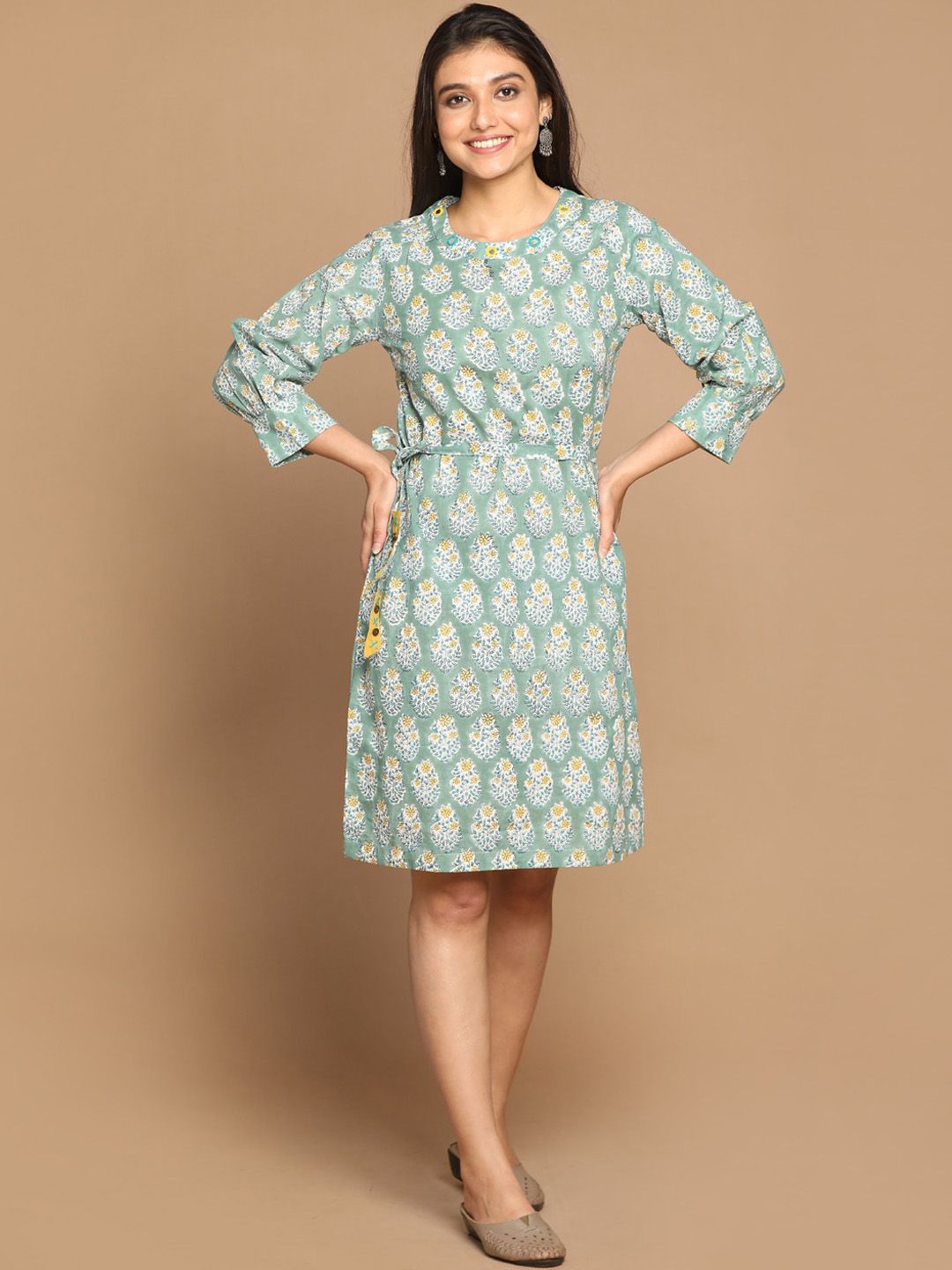 Earthwear Green Block Printed Cotton Dress with Mirror Detailing Price in India