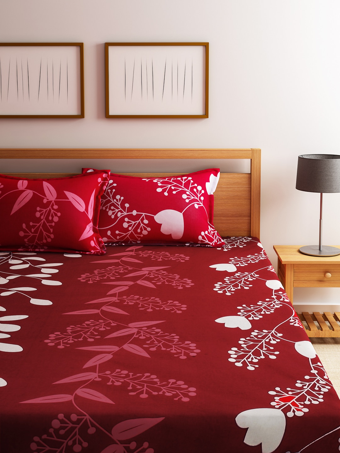 Home Ecstasy Red Floral Print 140 TC Cotton Double Bedsheet with 2 Pillow Covers Price in India