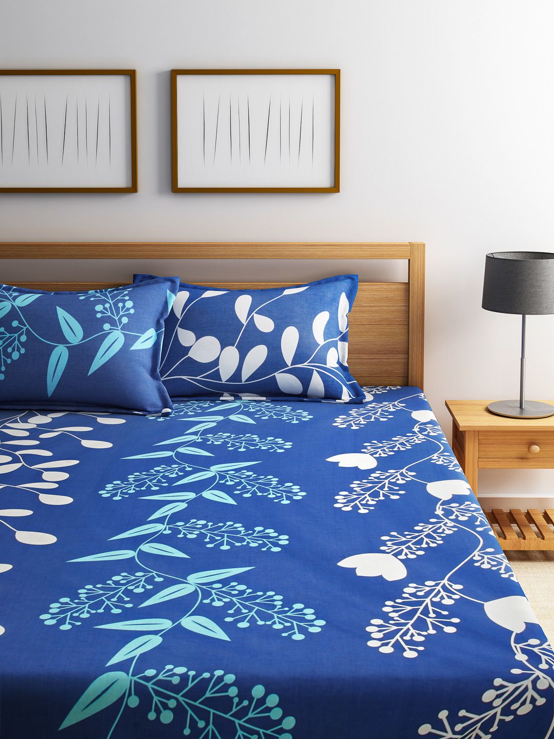 Home Ecstasy Blue Floral Print 140 TC Cotton Double Bedsheet with 2 Pillow Covers Price in India