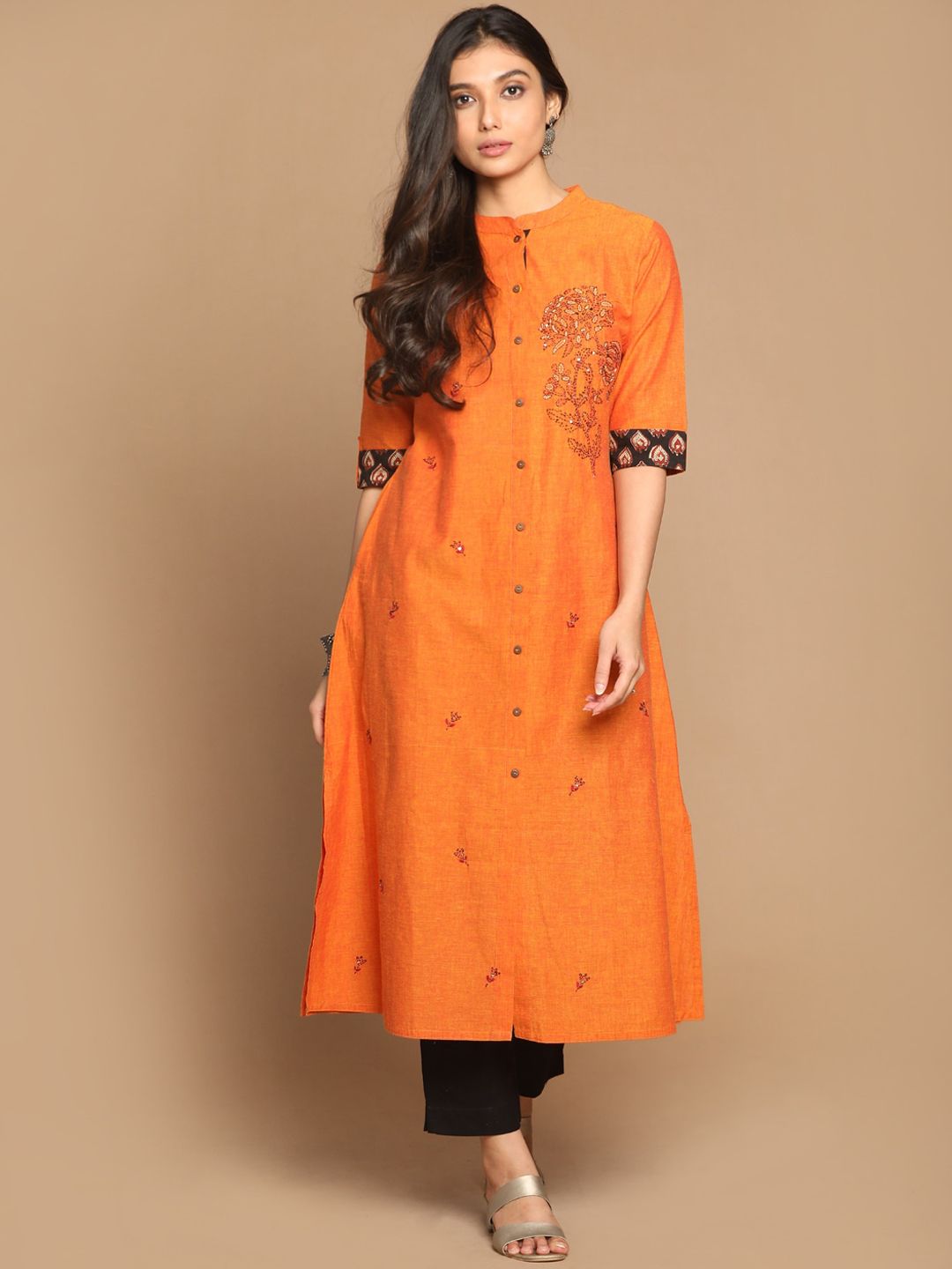 Earthwear Women Orange Floral Printed Pure Cotton Kurta Price in India