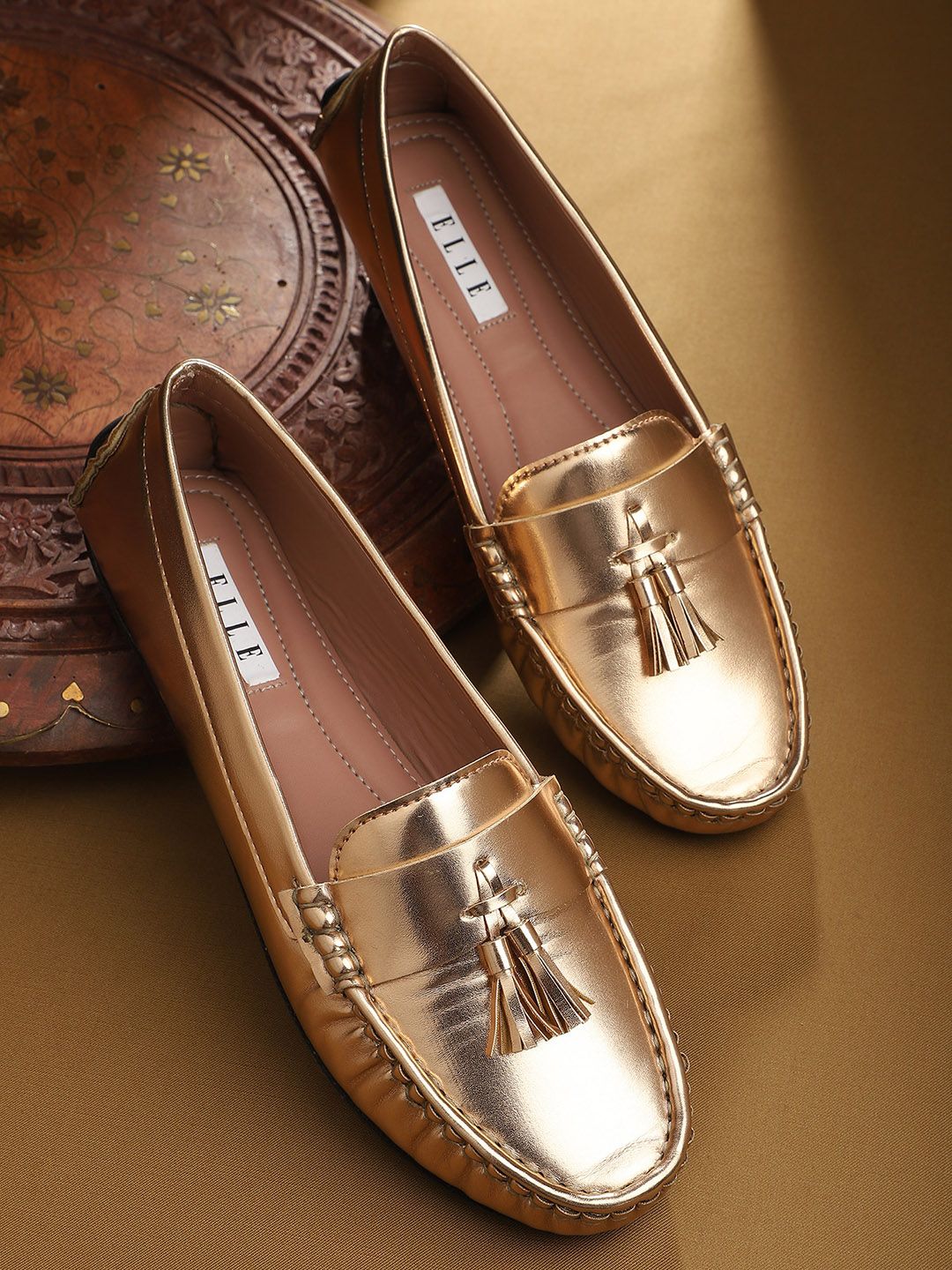 ELLE Women Gold-Toned Tassel Loafers Price in India