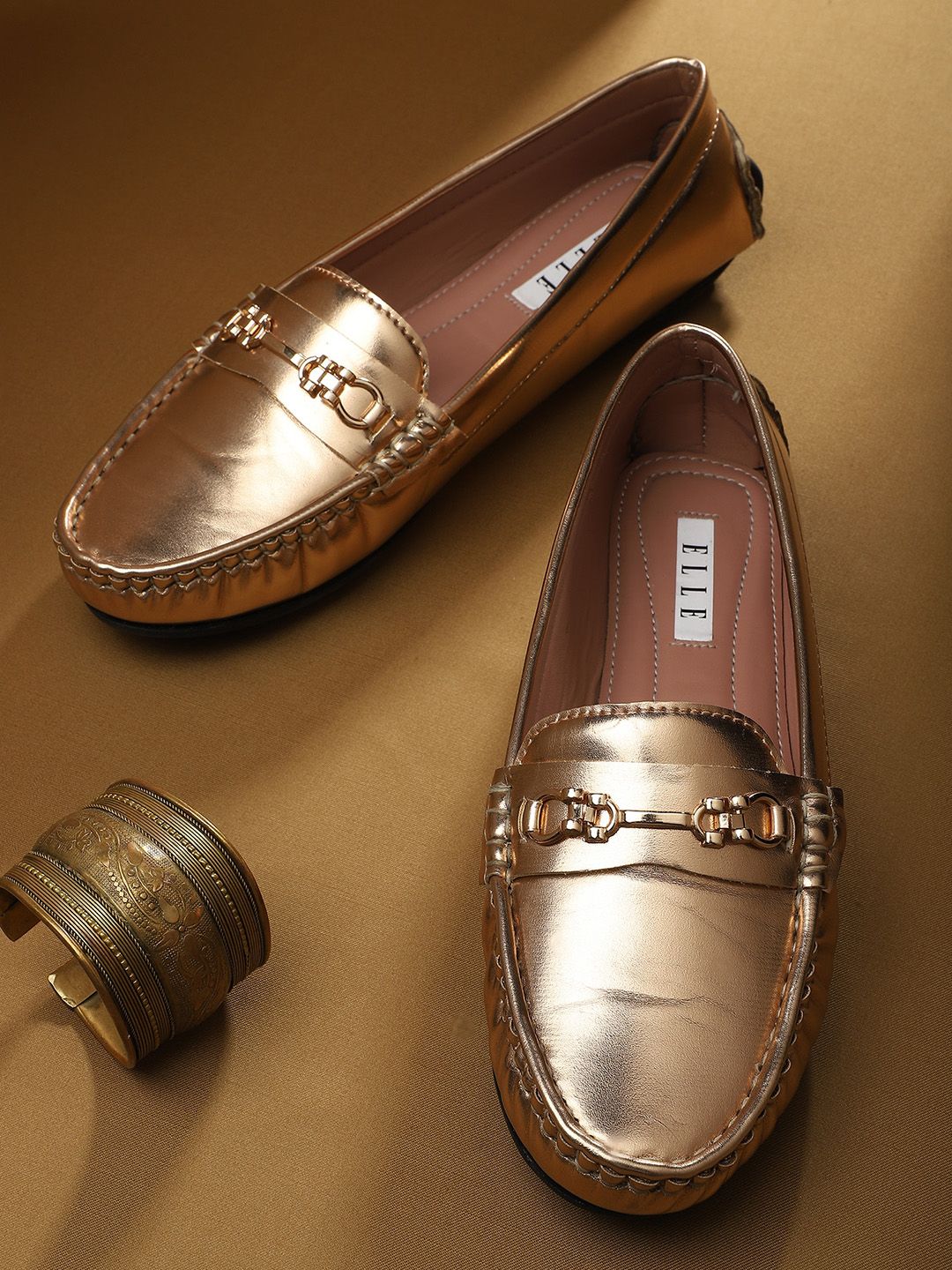 ELLE Women Gold-Toned Loafers Price in India