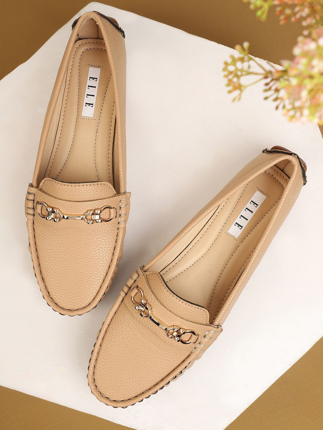 ELLE Women Beige Western Embellished Synthetic Loafers Price in India
