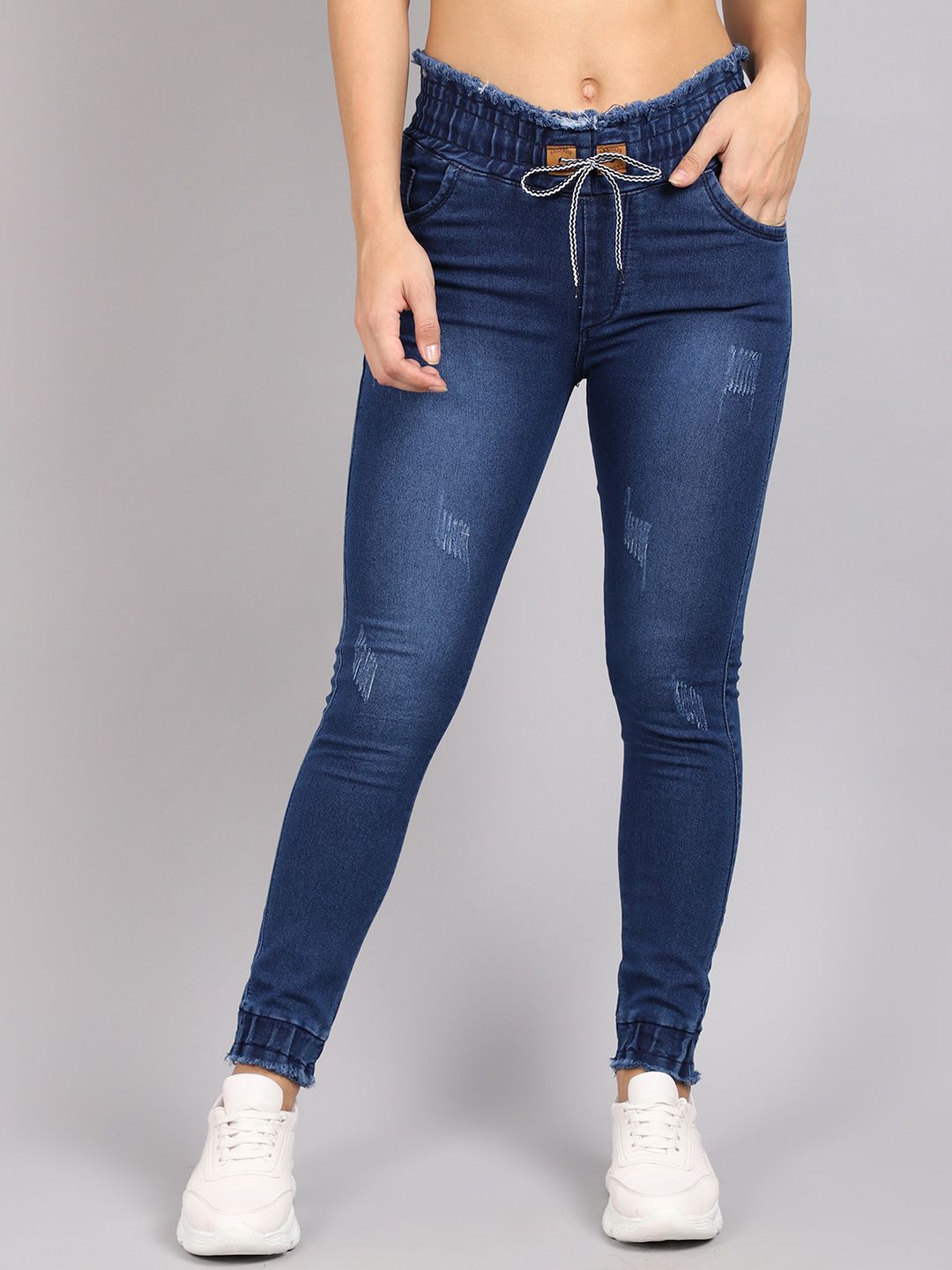 MARC LOUIS Women Blue Jogger High-Rise Low Distress Light Fade Jeans Price in India