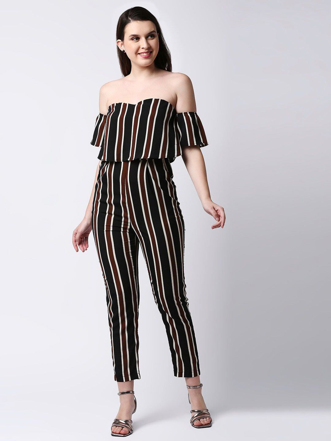 LYKKEIN Black & White Striped Basic Jumpsuit Price in India