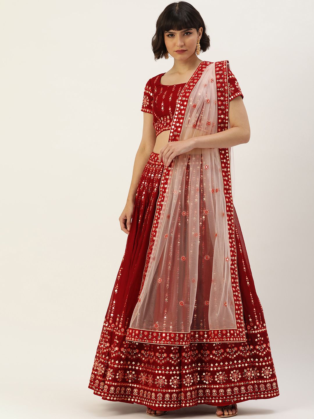 panchhi Maroon Embroidered Sequinned Unstitched Lehenga & Blouse With Dupatta Price in India