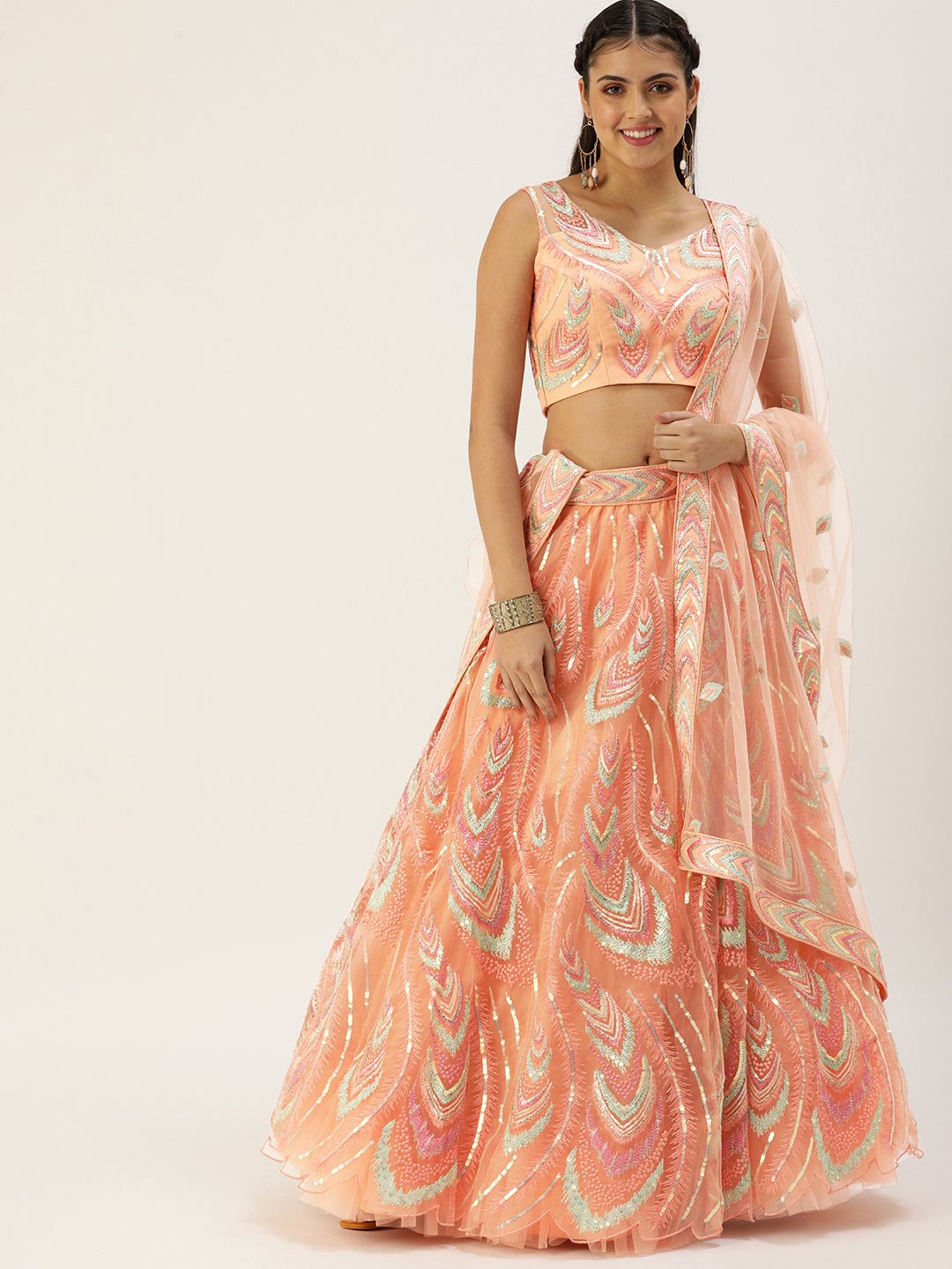 panchhi Peach-Coloured Embroidered Sequinned Unstitched Lehenga & Blouse With Dupatta Price in India