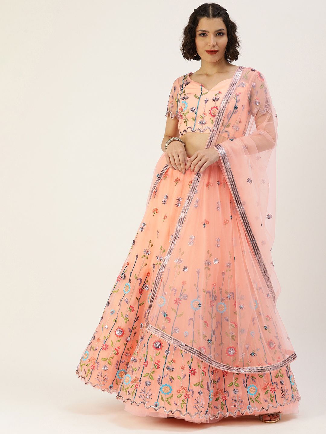 panchhi Peach-Coloured Embroidered Sequinned Unstitched Lehenga & Blouse With Dupatta Price in India